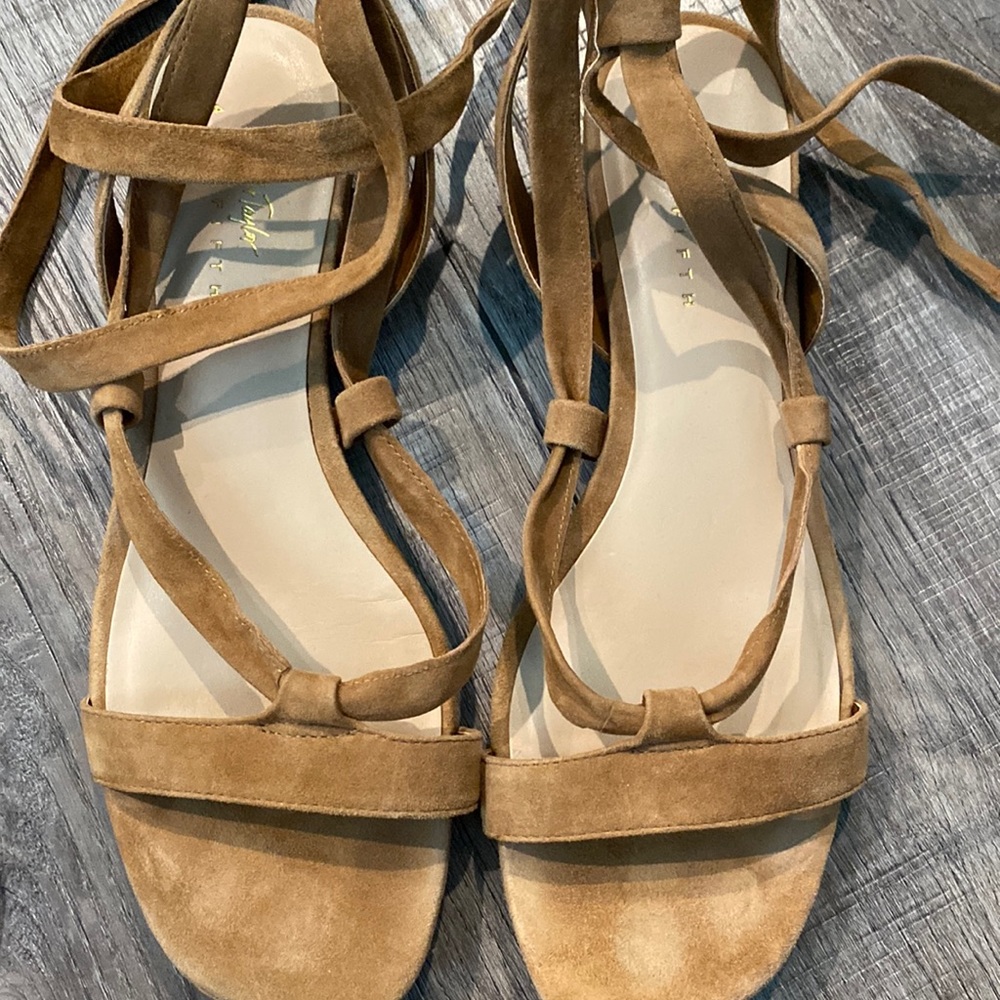 Lord & Taylor Tan Suede Lace-Up Flat Sandals